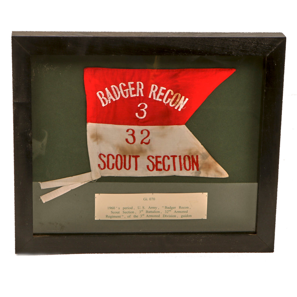 Original U.S. Vietnam War Era 32nd Armored Regiment Badger Recon Scout Section Guidon in Museum Frame - Formerly Part of the A.A.F. Tank Museum - 18 ¼ x 15 ⅜” Original Items
