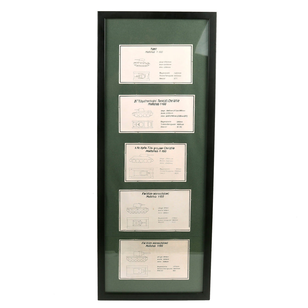 Original German WWII Set of Five 1:100 Scale Soviet Tank Identification Cards Mounted in 13" x 34" Frame - A.A.F. Tank Museum Original Items