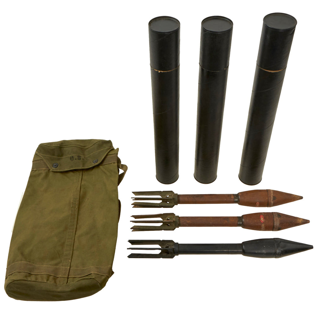 Original U.S. WWII Second Pattern M6 Bazooka Rocket Bag Dated 1945 With (3) Inert 2.36” Rockets in Replacement Tubes Original Items