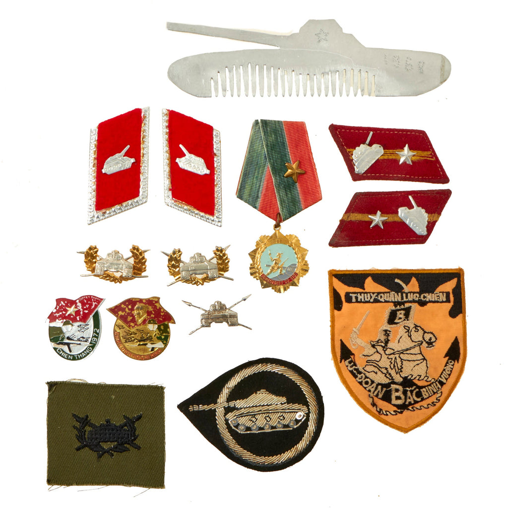 Original Vietnamese Vietnam War Era Collection of North & South Tank Insignia with Custom Made Aluminum Tank Comb - 14 Items Total Original Items