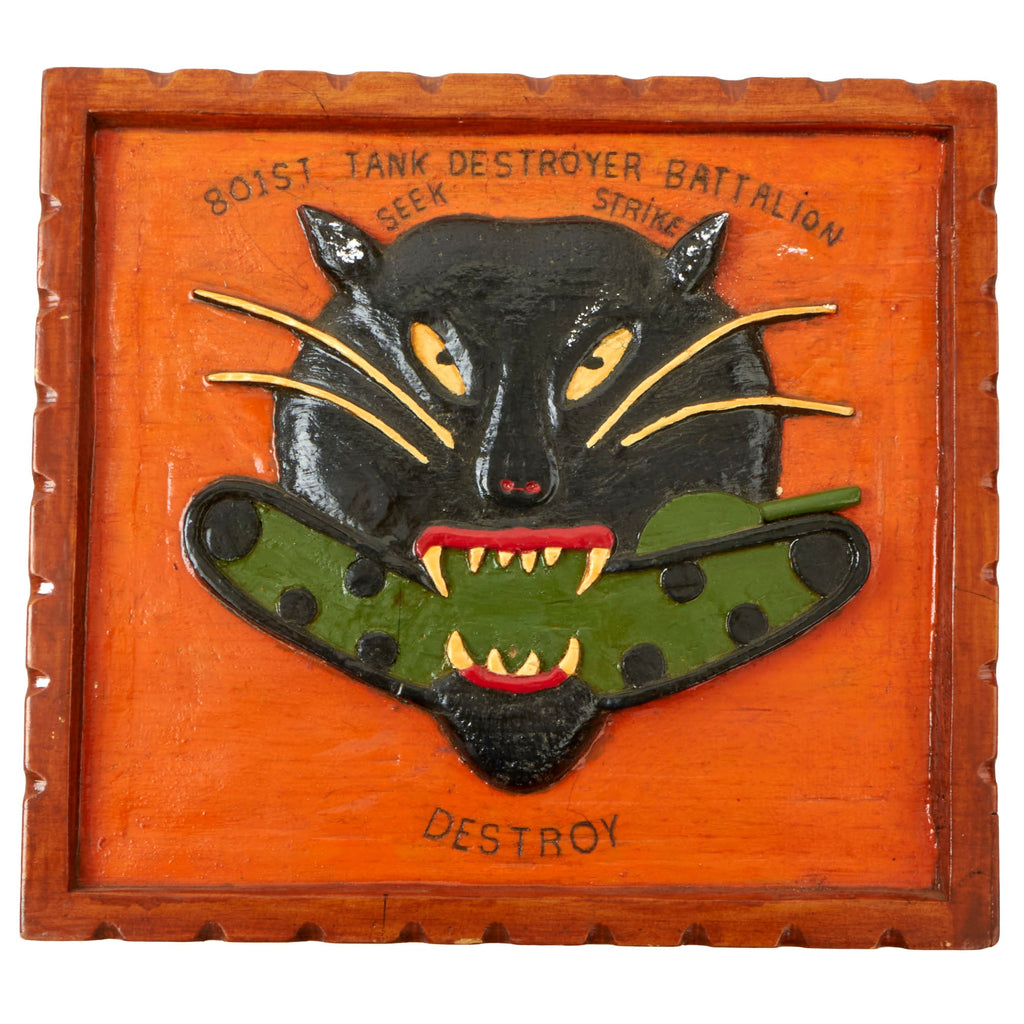 Original U.S. WWII Era Hand-Carved 801st Tank Destroyer Battalion Wood Plaque - 10” x 9” Original Items