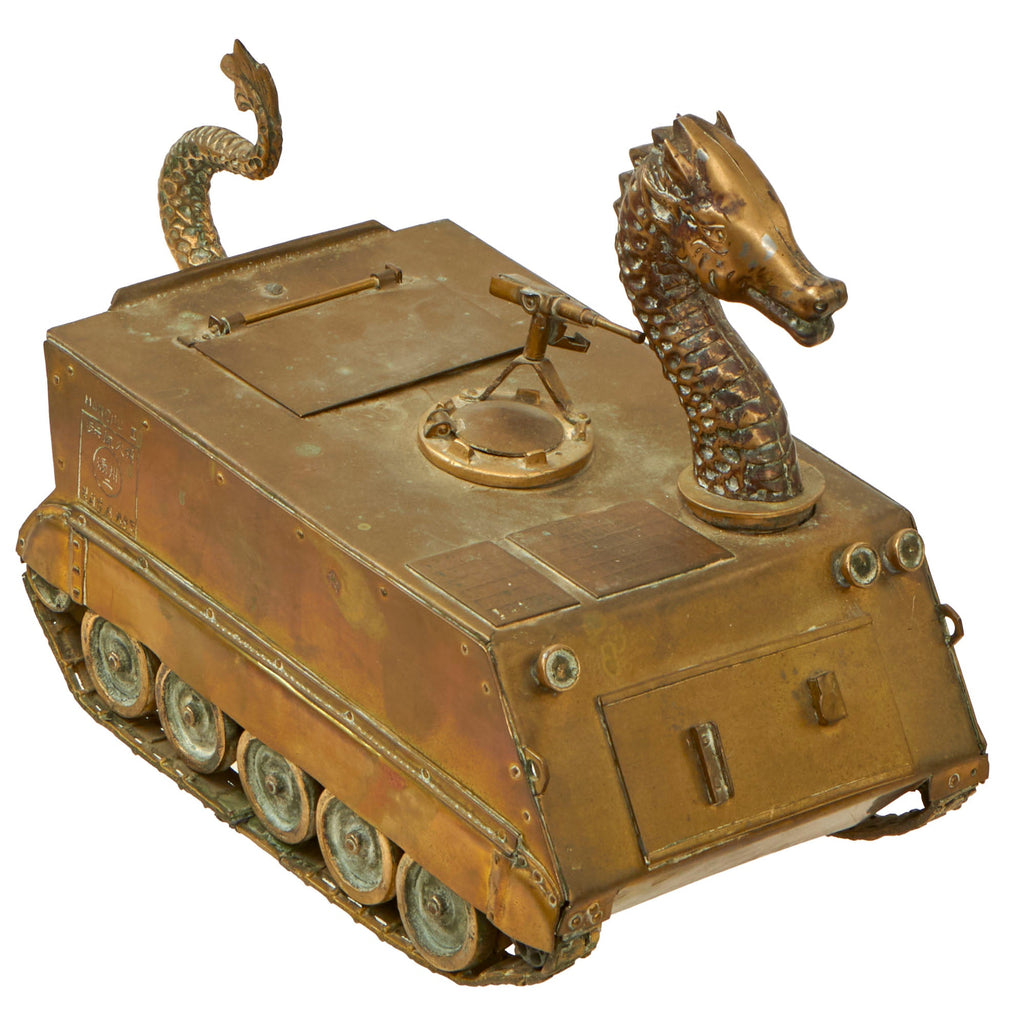Original U.S. Vietnam War Era 1960s Brass M113 Armored Personnel Carrier With Butane Fueled Dragon Head “Flamethrower” Spout - Marked “Manchu” For US 9th Infantry Regiment - Formerly A.A.F. Tank Museum Collection Original Items