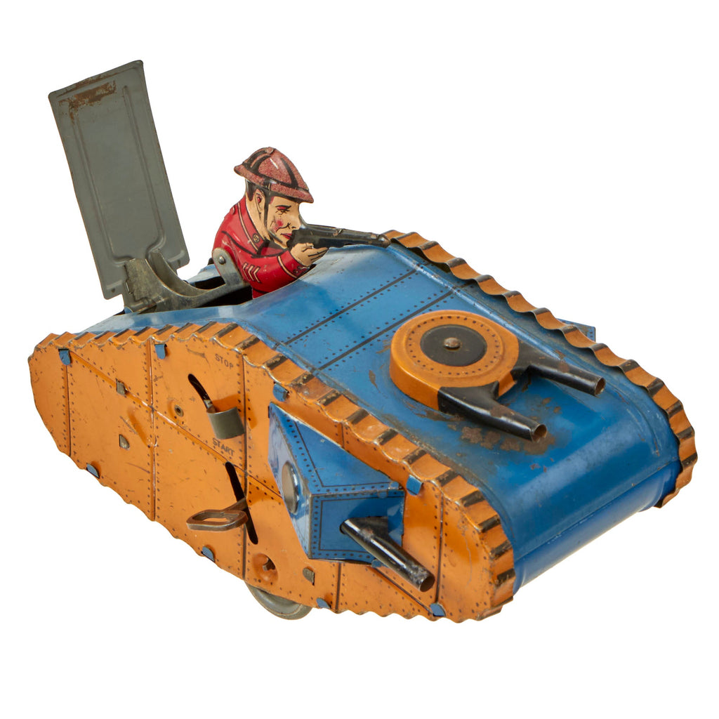 Original U.S. Inter-War Era Fully Functional WWI Tin Mechanical Windup Mk IV Tank Toy Manufactured by Louis Marx & Co With Popout Rifleman - Formerly A.A.F. Tank Museum Collection Original Items