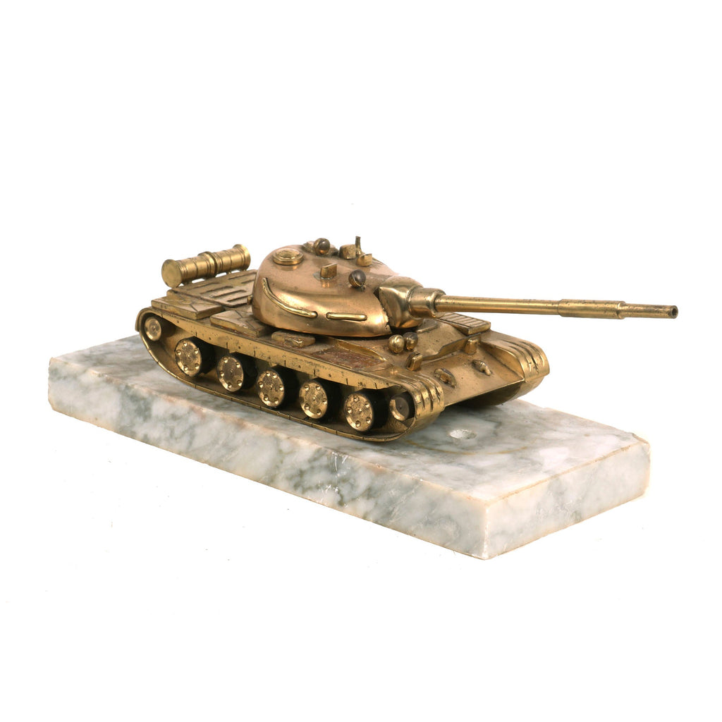 Original Soviet Cold War Era Brass Model T-55 Battle Tank Mounted on 3½ x 8” Marble Base Adjustable Barrel Original Items