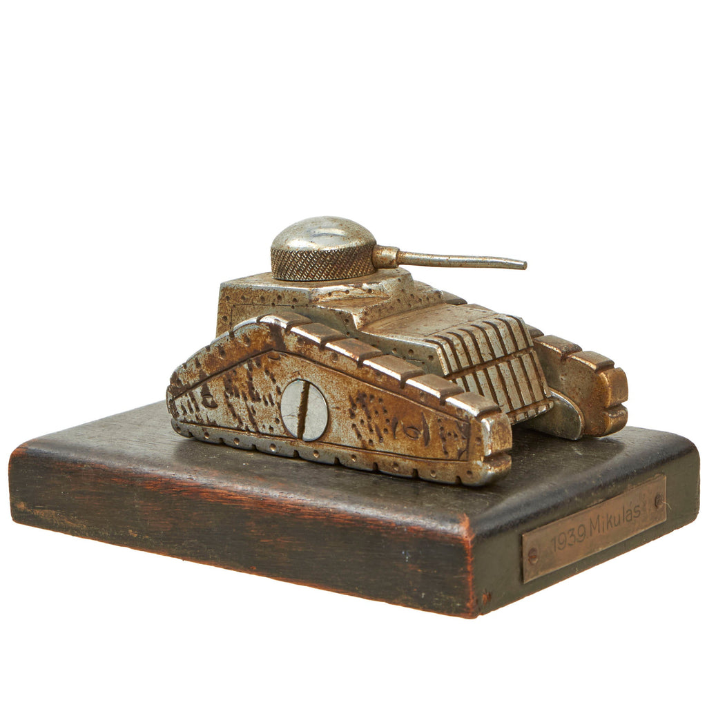 Original Hungarian WWII Tank Trench Art Desk Model on Wood Base