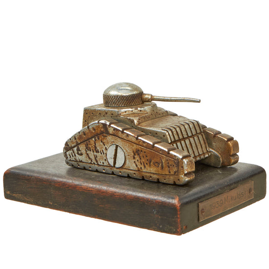 Original Hungarian WWII Tank Trench Art Desk Model on Wood Base marked "1939 Mikulas" - Formerly Part of the A.A.F. Tank Museum Original Items
