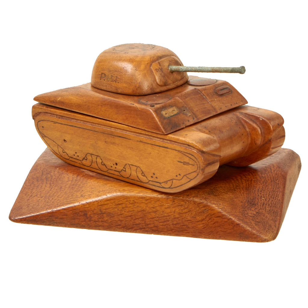 Original U.S. WWII Italian “POW” Made M4 Sherman Tank Wood Desktop Cigarette/Tobacco Box - Formerly A.A.F. Tank Museum Collection Original Items