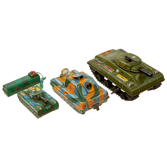 Original U.S. 1950s 1960s Marx Tin Lithographed Toy Tank Collection - Set of Three - Formerly A.A.F. Tank Museum Collection Original Items