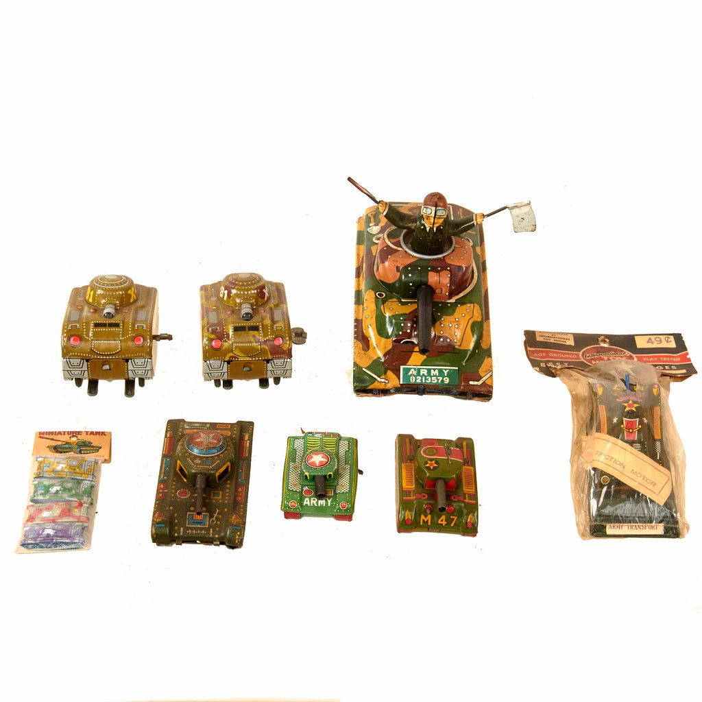 Original U.S. 1960s Japanese-Made Lithographed Toy Tank Collection - Set of 8 with Two Sealed Packs of Tanks - Formerly A.A.F. Tank Museum Collection