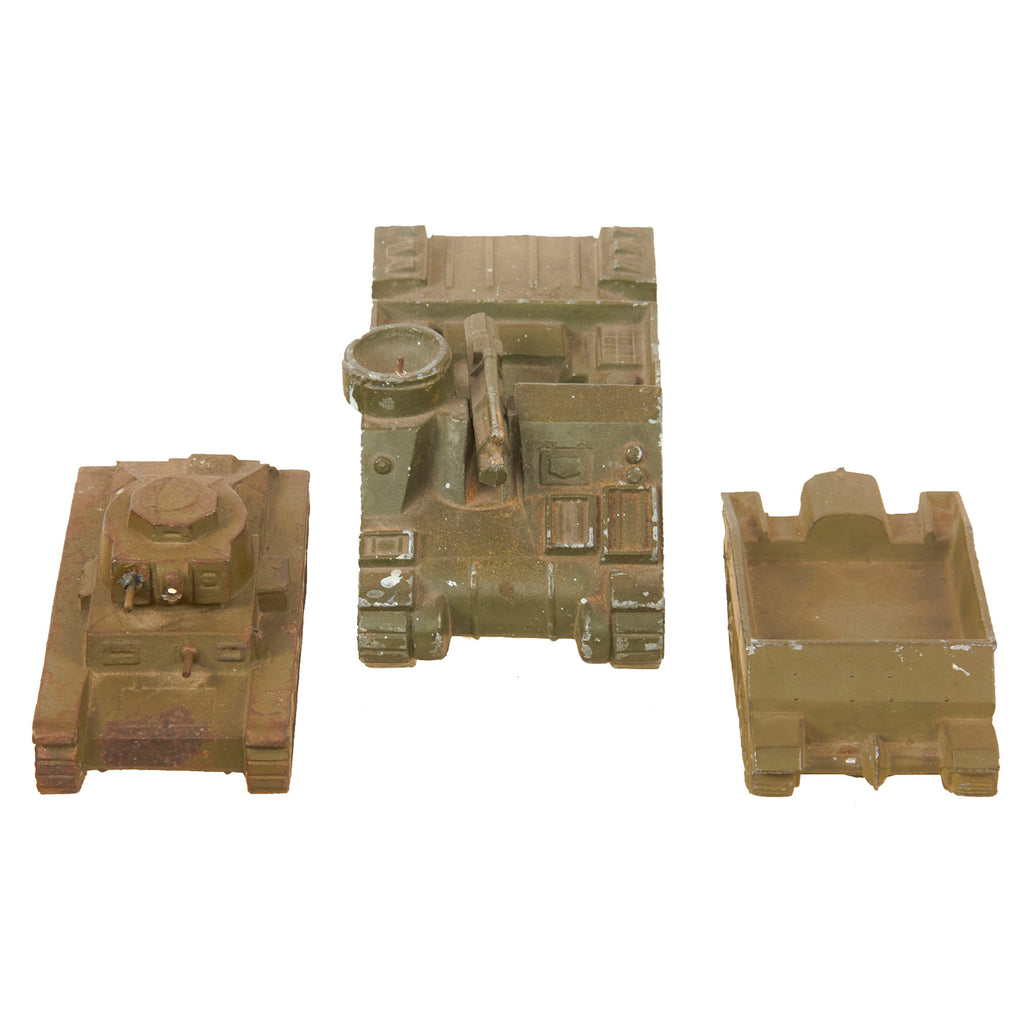 Original U.S. WWII Vehicle Identification Model Set with Praga TNH-P 8-Ton Tank, M7 Priest 105mm Howitzer, and British Carden Loyd Tankette