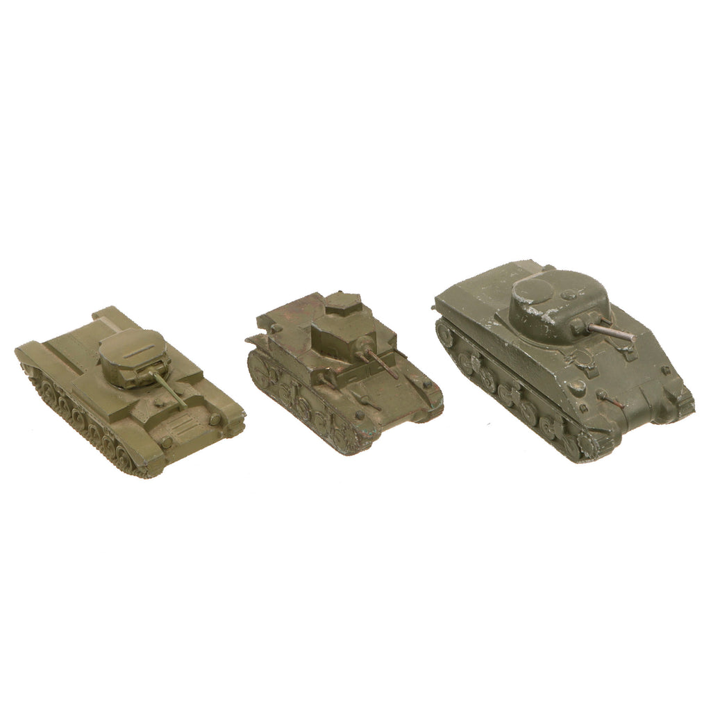 Original WWII U.S. 1/36 Scale Metal Tank Recognition Model Lot - British Cruiser Mk III, M3 Stuart & M4A1 Sherman