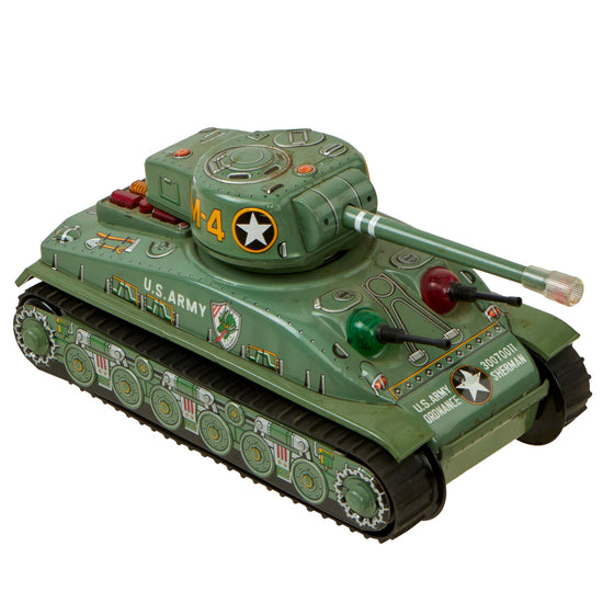 Original U.S. Vietnam War Era 1960s Tin Mechanical Battery Operated M-4 Sherman Tank Toy Manufactured by Taiyo-Japan - Formerly A.A.F. Tank Museum Collection Original Items