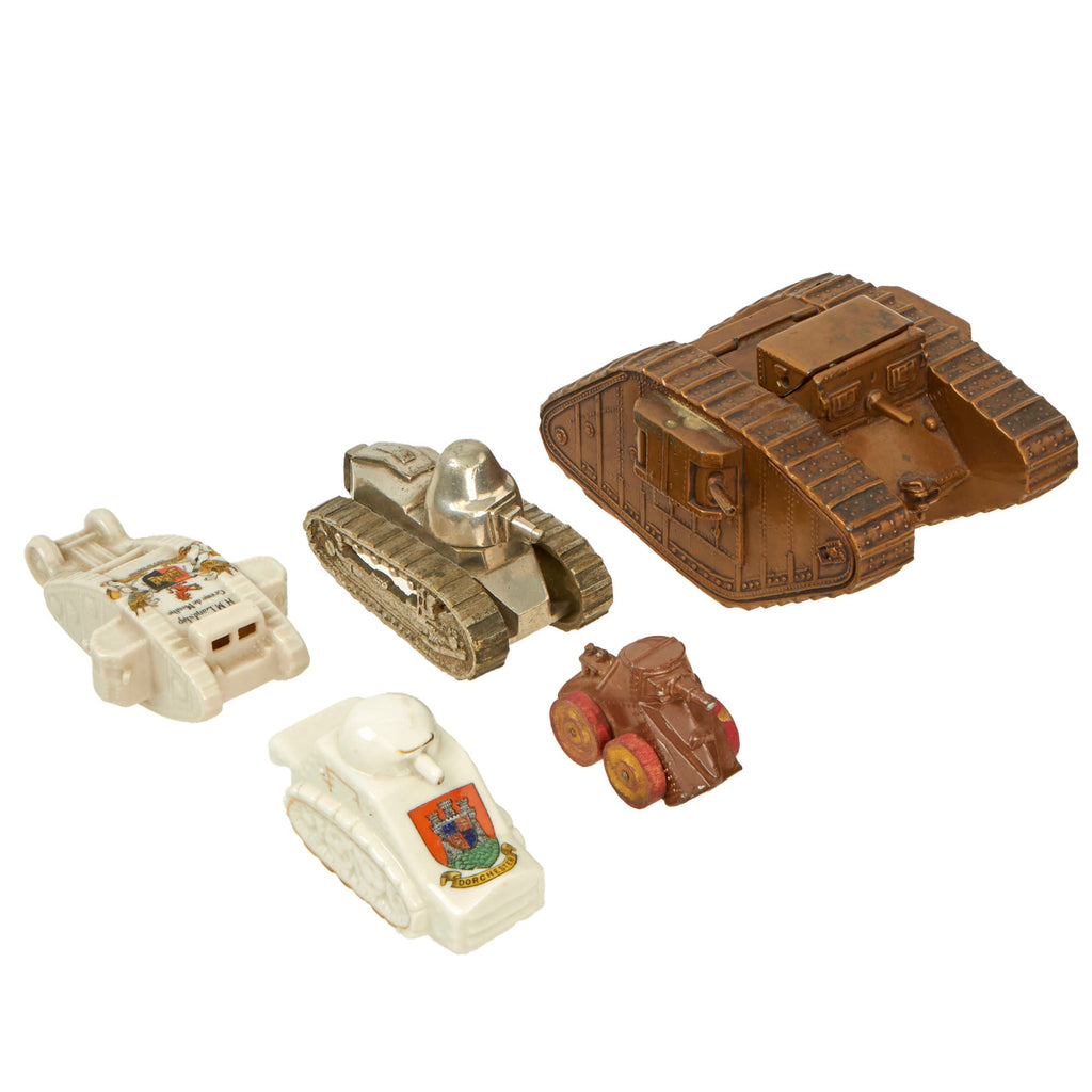 Original British WWI Toy Tank Collection Featuring Brass Mk IV Tank - 5 Items - Formerly A.A.F. Tank Museum Collection Original Items