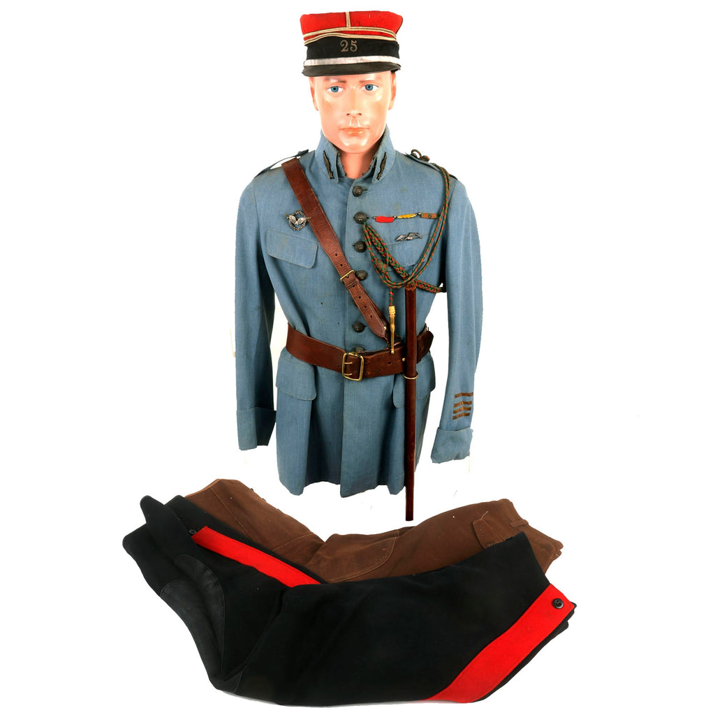 Original France WWI Pilot Armée de l'Air French Air Service Commandant Officer’s Uniform Set With Tunic, Trousers, Sam Browne Belt and Kepi With Squadron Insignia & Swagger Stick - 'Stork Escadrille N3' Original Items