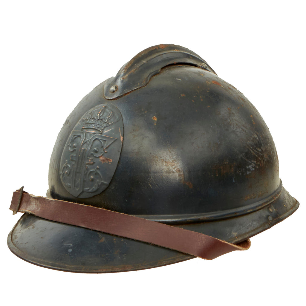 Original RARE WWI Romanian Model 1915 Adrian Helmet with King Ferdinand Badge - Replaced Liner & Chinstrap Original Items