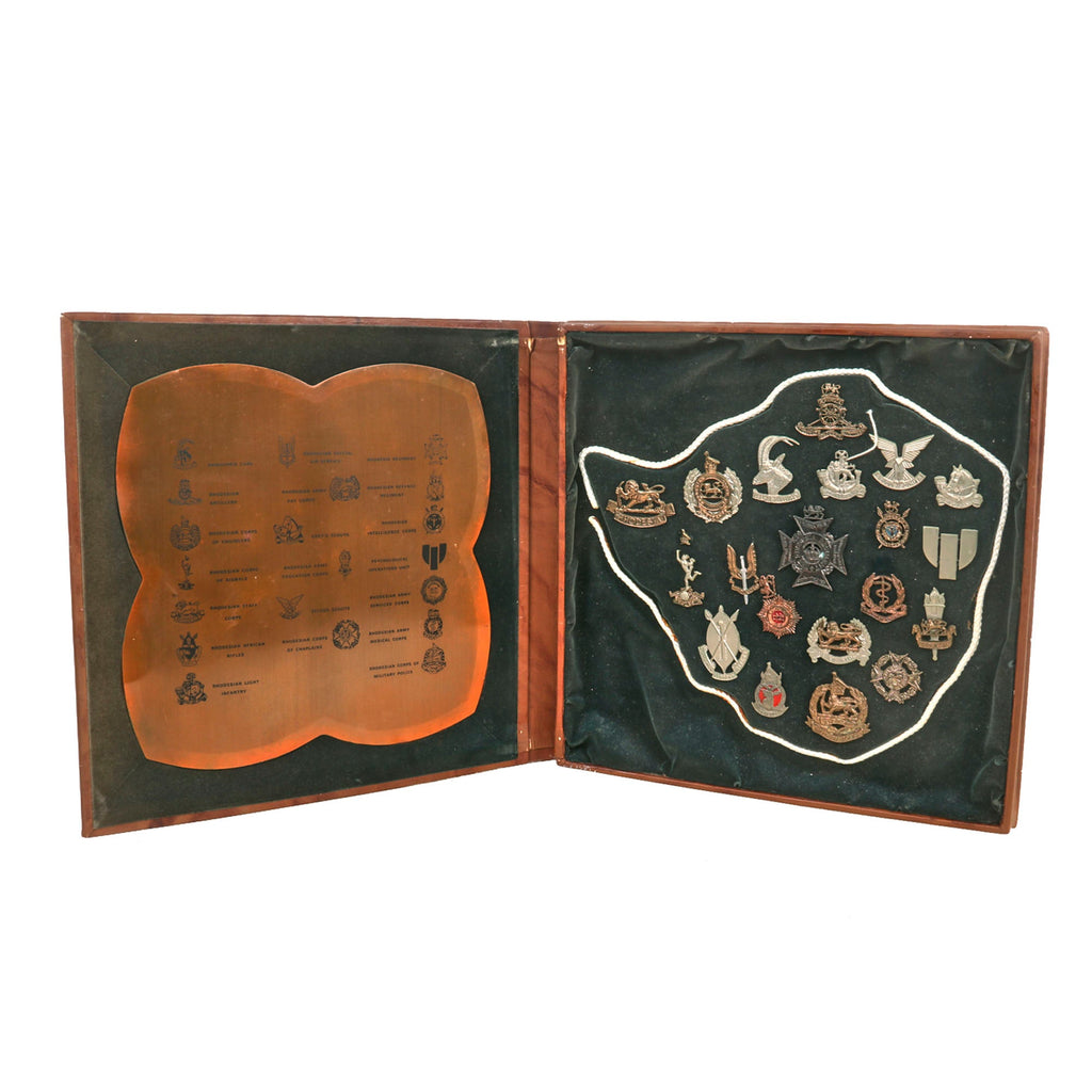 Original Rhodesian Bush War Era Cap Badge Collection in Period Case with Illustration Original Items