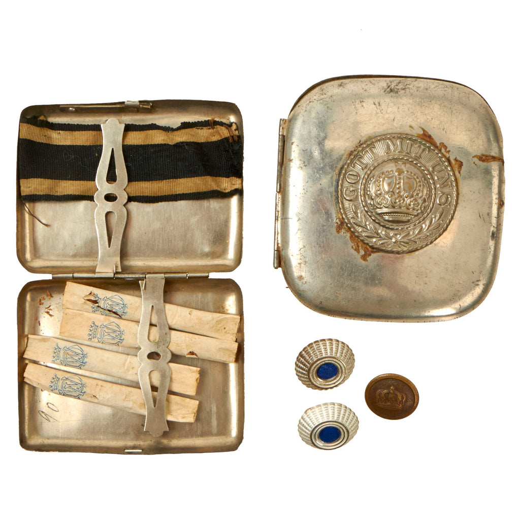 Original Imperial German WWI Pair of Cigarette Cases with Four Original Cigarettes & Iron Cross Ribbon - Bavarian Cockades & Button Original Items
