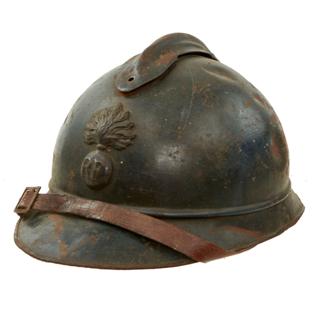 Original French WWI Issue Model 1915 Infantry Adrian Helmet in Horizon Blue with Scarce 1st Pattern Liner & Chinstrap Original Items