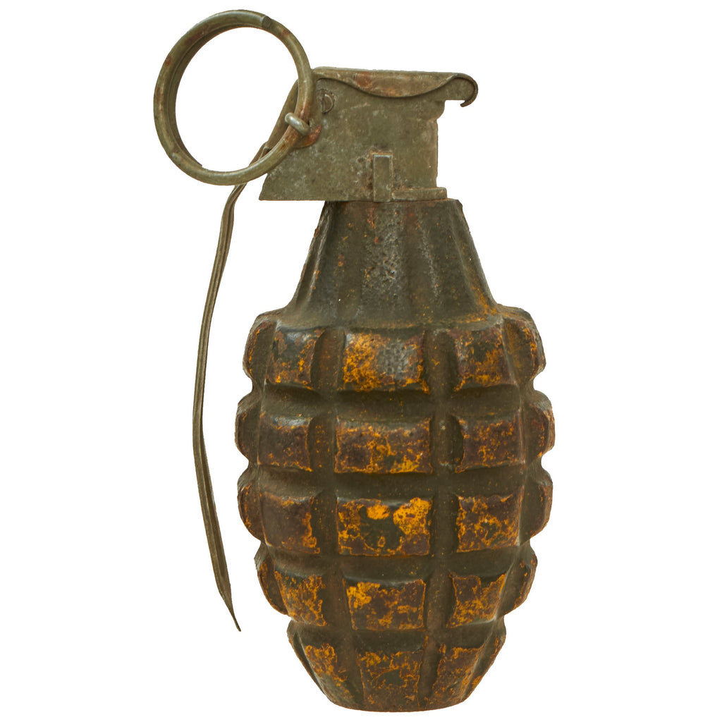 Original U.S. WWII Inert MkII Pineapple Grenade with Yellow Paint with Fuze Original Items