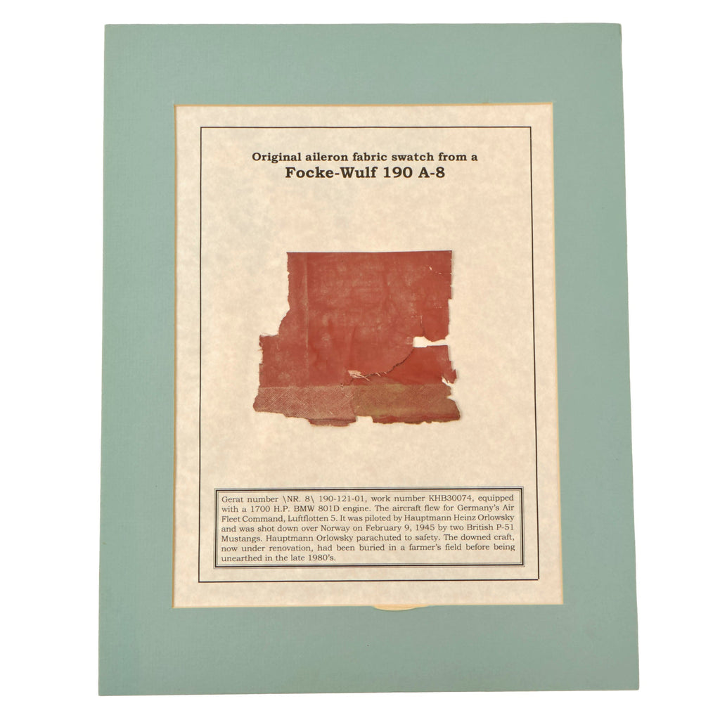 Original German WWII Crashed Focke-Wulf Fw 190 A-8 Fabric Swatch with History of Plane Original Items