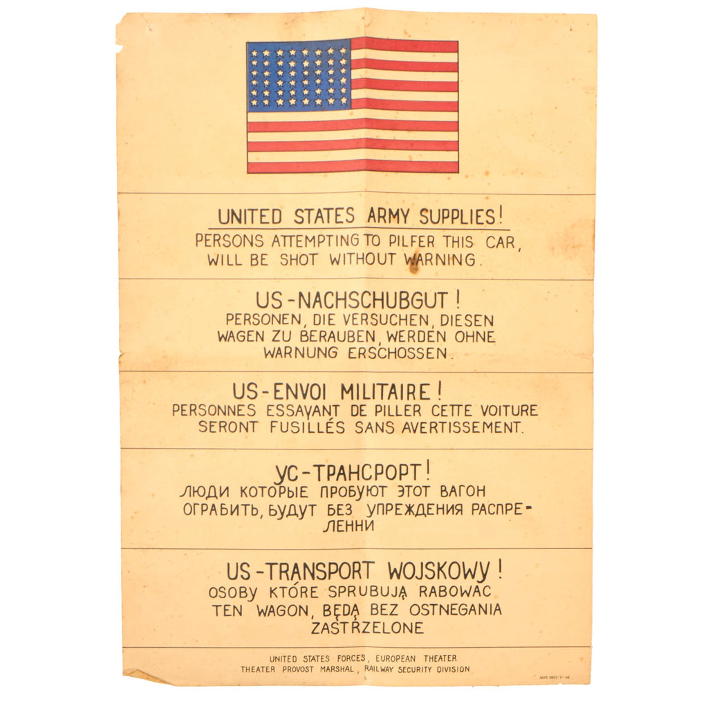 Original U.S. WWII Occupation Railway Security Poster in Five Languages - European Theater - 11¾ x 16½” Original Items
