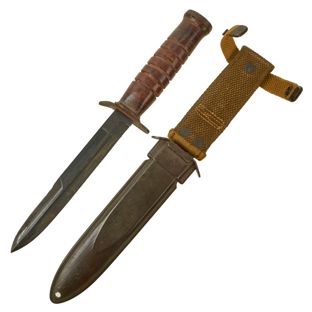 Original U.S. WWII M3 Fighting Knife by CASE with Great Transitional M8 Scabbard by B.M. Co. with Khaki & OD Green Canvas Original Items