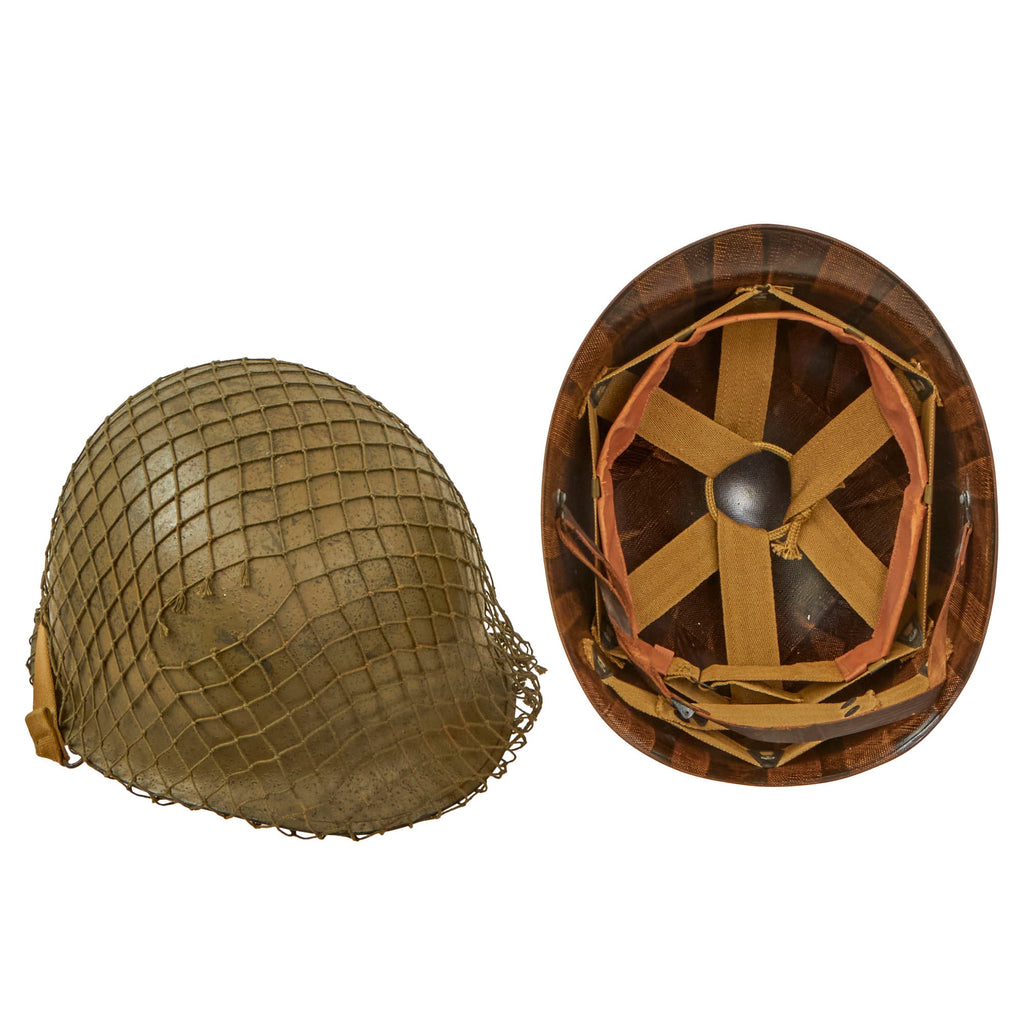 Original U.S. WWII 1945 M1 McCord Rear Seam Swivel Bale Helmet with M44 Net and Westinghouse Liner Original Items