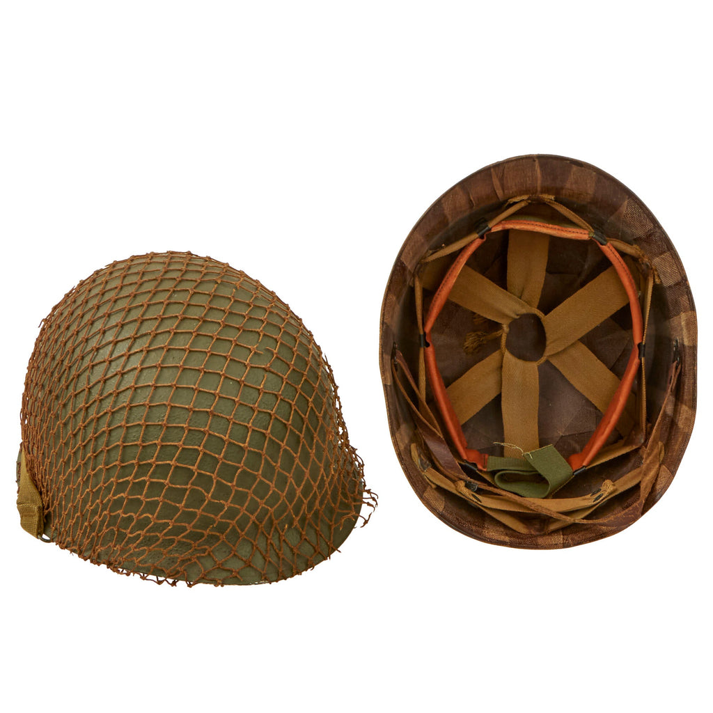 Original U.S. WWII M1 McCord Front Seam Swivel Bale Helmet with Stiffened M44 Net and Westinghouse Liner - Replaced Sweatband Original Items