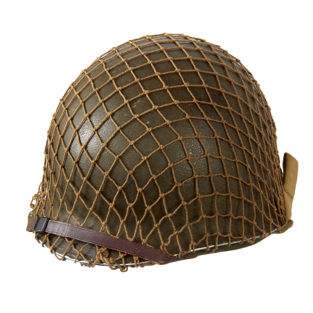 Original U.S. WWII McCord M1 Front Seam Fixed Bale Helmet with Firestone Liner & Helmet Net Original Items
