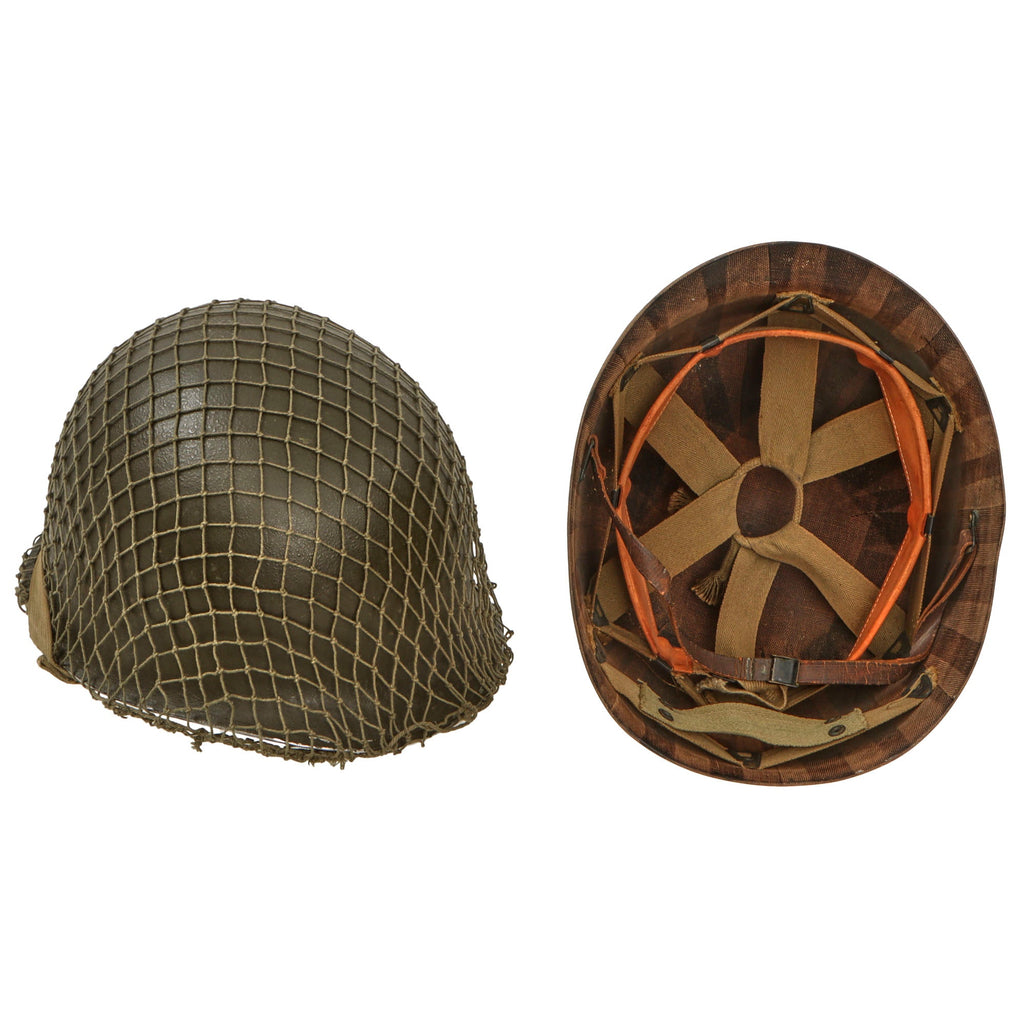 Original U.S. WWII 1943 M1 McCord Fixed Bale Front Seam Helmet with Net - Inland/Firestone Tire & Rubber Co Liner Original Items