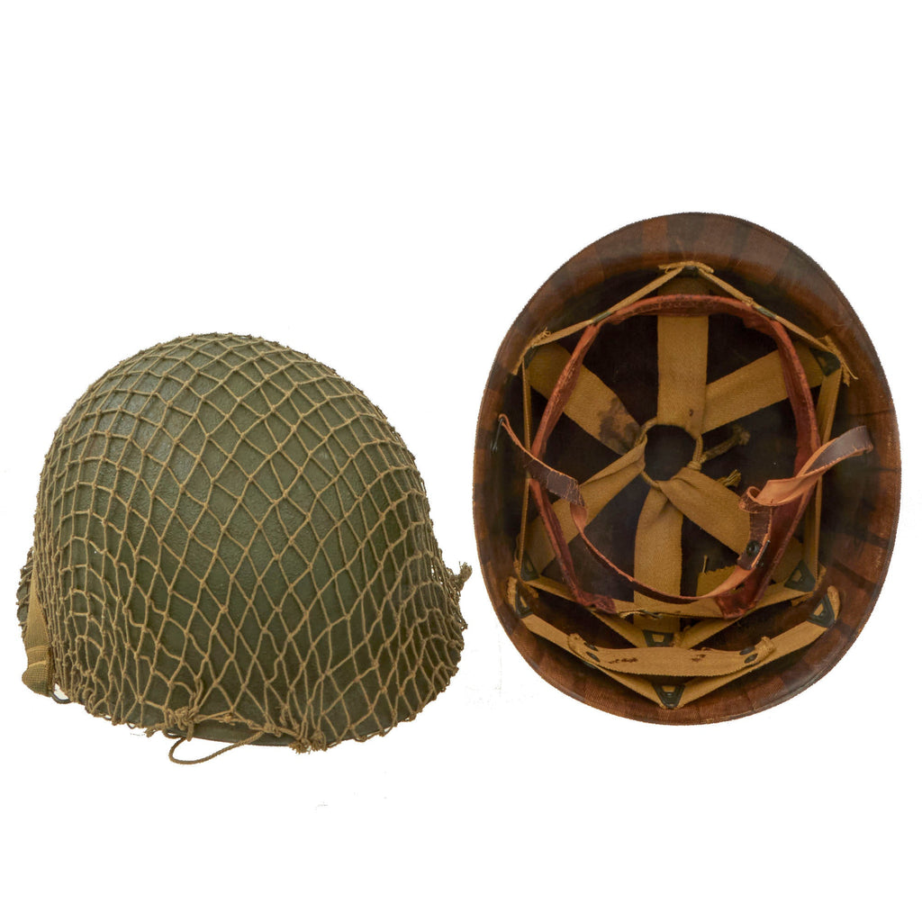 Original U.S. WWII 1945 M1 Schlueter Front Seam Swivel Bale Helmet with M44 Net and International Molded Plastics Liner Original Items