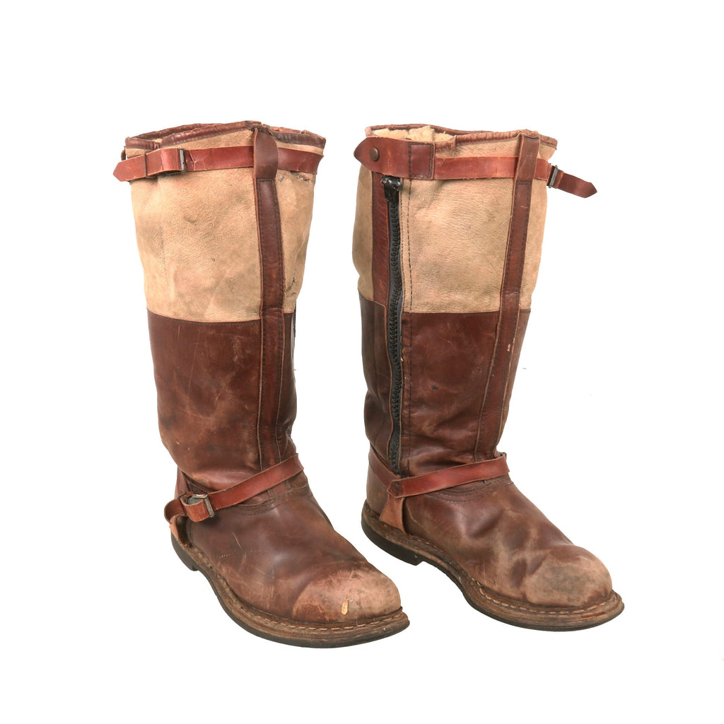 Original German WWII Luftwaffe Fleece-Lined Leather Pilot Flying Boots with Reinforced Feet - Single Zipper Original Items