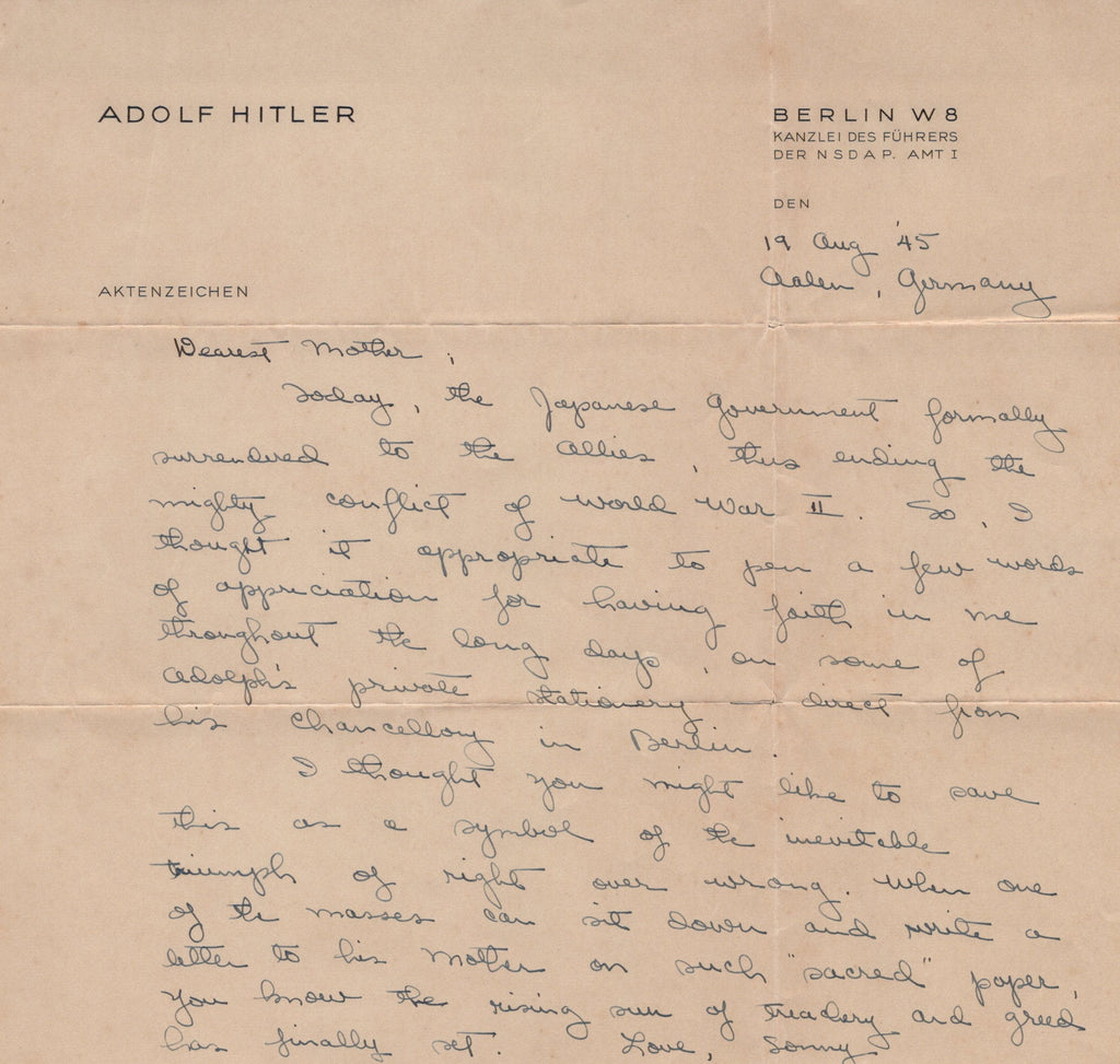 Original U.S. WWII Letter Written Home on AH’s Chancellery Stationary - Dated August 19th, 1945 Original Items