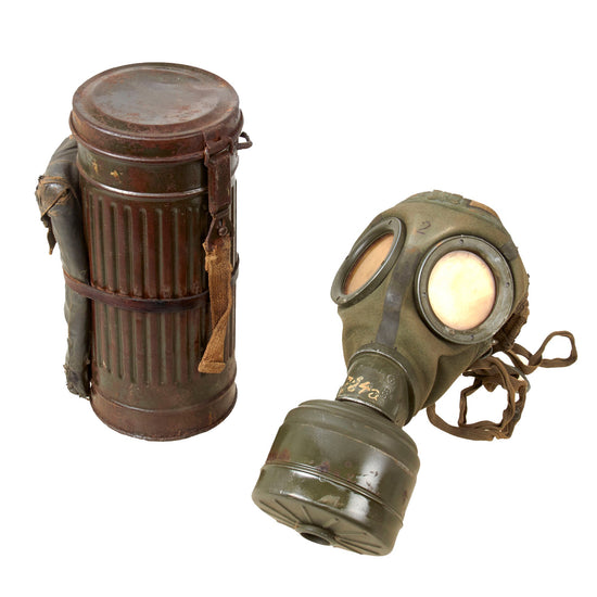 Original German WWII Named M30 2nd Model Size 2 Gas Mask with Fe 42 Filter and Canister with Original Gas Cape & Bag Still Attached - Dated 1943 Original Items