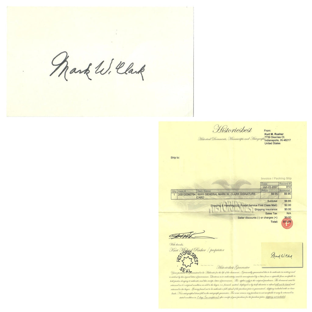 Original U.S. WWII General Mark Wayne Clark Autograph with 2007-Dated Certificate of Authenticity Original Items