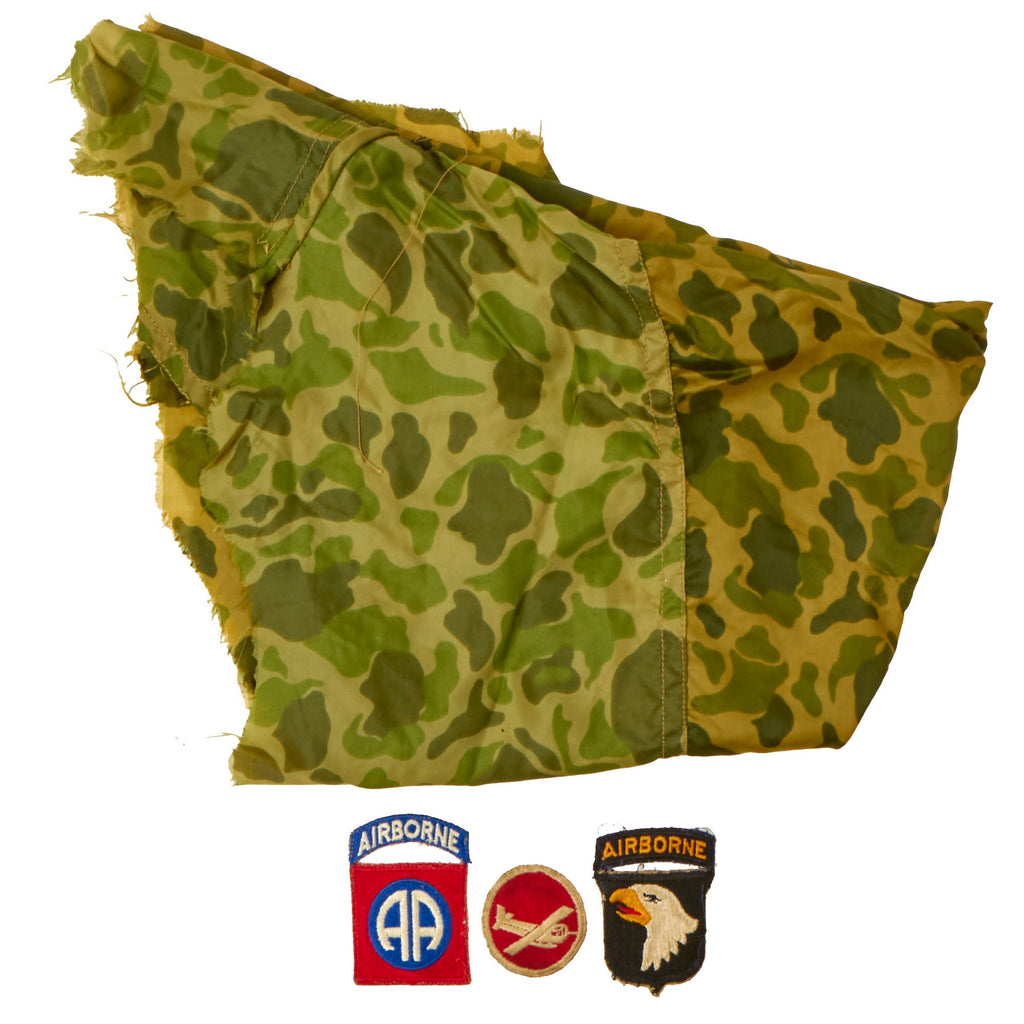 Original U.S. WWII Airborne Patch Lot with Scarf made from Camouflage Parachute Original Items