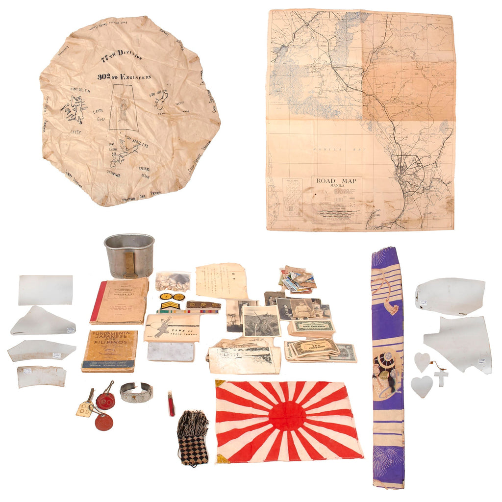 Original U.S. WWII Tremendous 77th Division Japanese Souvenir Group with Aircraft Plexiglass, Rising Sun Flag, Currency, Restricted Manila City Guidebook, Insignia, Travel Journal Canteen Cup, and More - Richard S. Derrick, 302nd Engineers Original Items