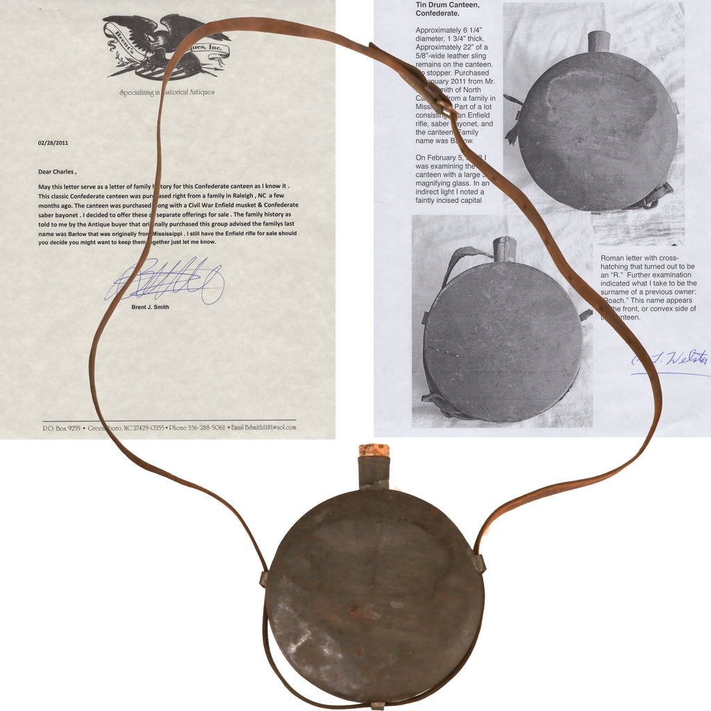 Original U.S. Civil War Named Confederate Richmond Depot Tin Drum Canteen with Original Leather Sling - Roach, Company G Original Items