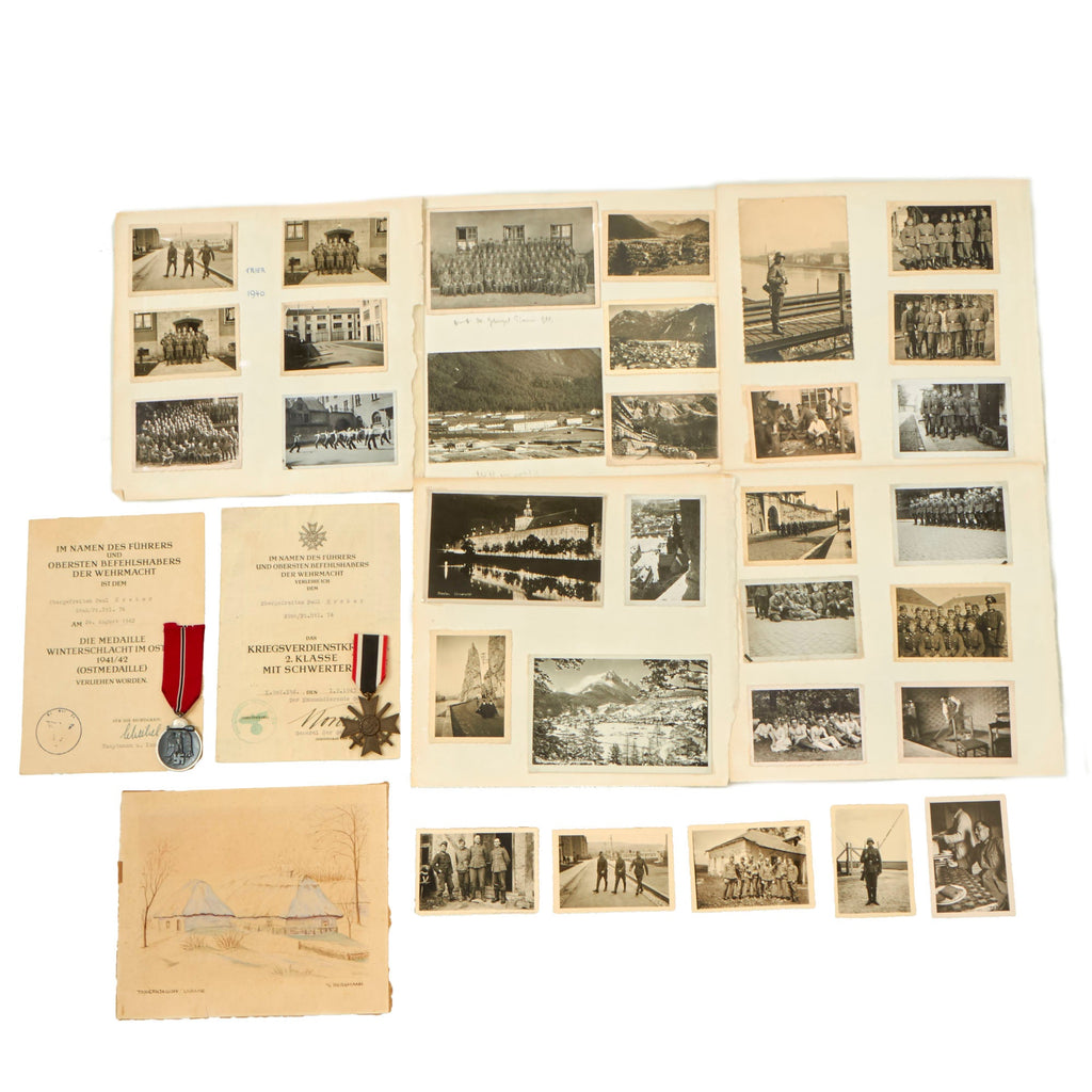 Original German WWII Eastern Front Medal & War Merit Cross Grouping with Documents & Photo Album Pages - Obergefreiten Paul Kreber, Pionier-Bataillon 74 - 80 Photographs Total Original Items
