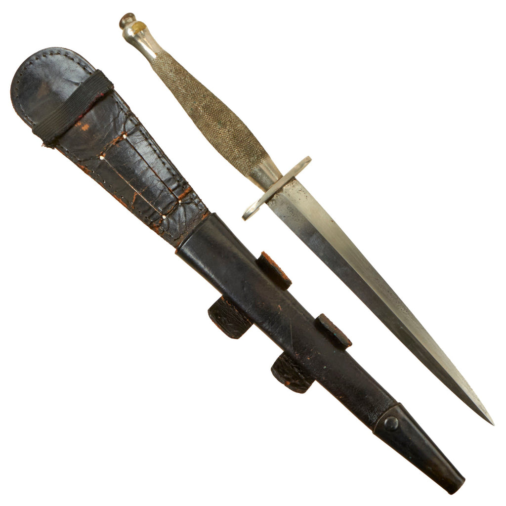 Original British WWII P-2 “Officer’s Model” Nickeled Second Pattern Fairbairn-Sykes Fighting Knife with Sheath - Broad Arrow 5 Marked Original Items