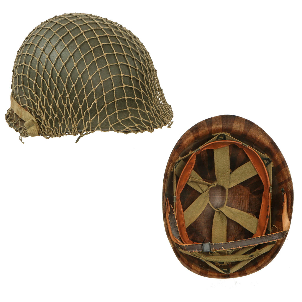 Original U.S. WWII 1945 M1 McCord Rear Seam Swivel Bale Helmet with M44 Net and Firestone Liner Original Items