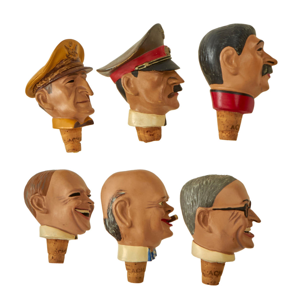 Original German Post-WWII Political & Military Caricature Wine Stoppers by Achatit of Cologne, Germany - Lot of 6 - AH, Churchill, Truman, Eisenhower, MacArthur, and Stalin Original Items