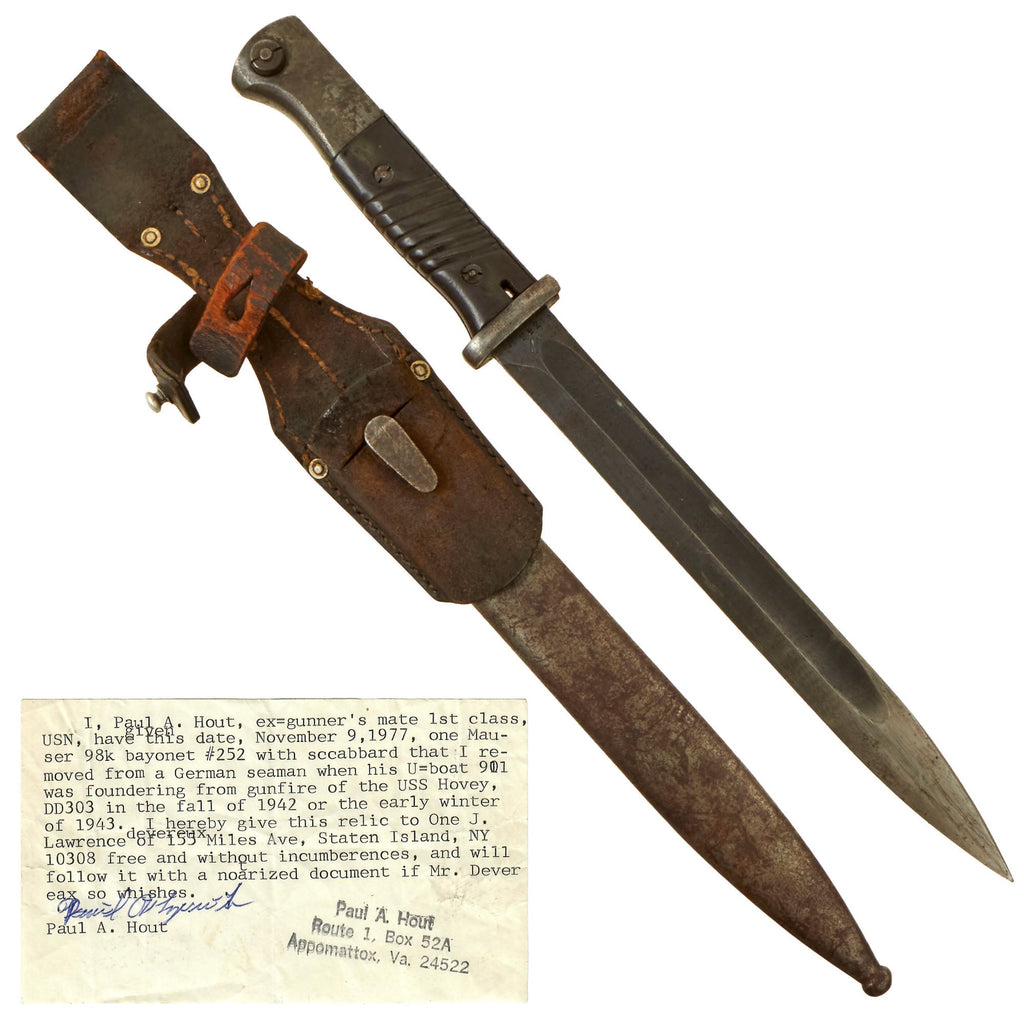 Original German WWII French 98k 1942 Bayonet by Châtellerault with Letter of Provenance, Scabbard, and Frog - Matching Serial 252 l Original Items