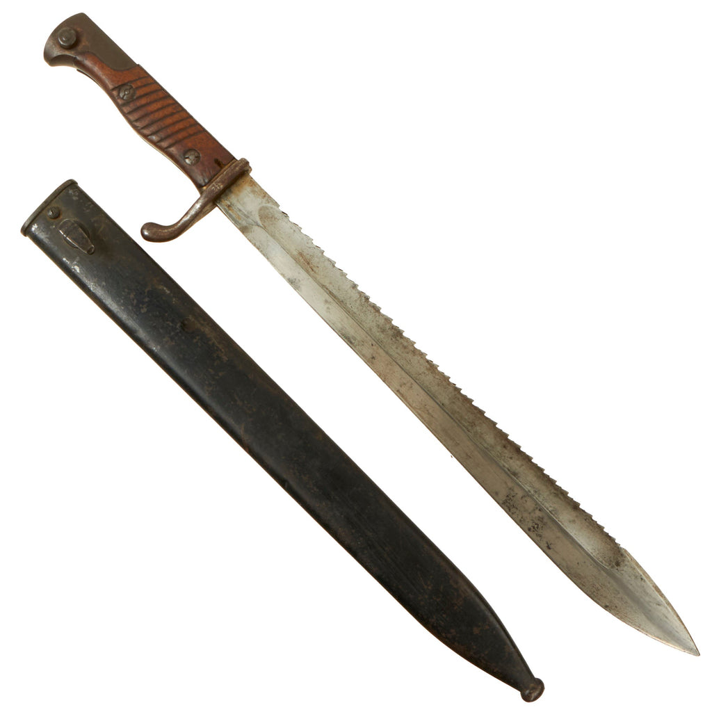 Original German WWI Bavarian M1898/05 n/A Butcher Sawback Bayonet by Fichtel & Sachs Dated 1916 with Steel Scabbard Original Items
