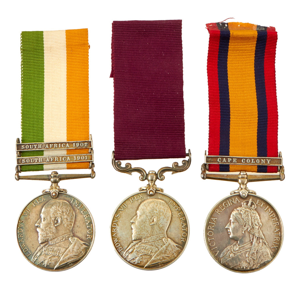 Original British Second Boer War West Yorkshire Regiment Named Version Two Queen's South Africa Medal, King's South Africa Medal, and Long Service Good Conduct Medal - Color Sergeant John Arthur Smith Original Items