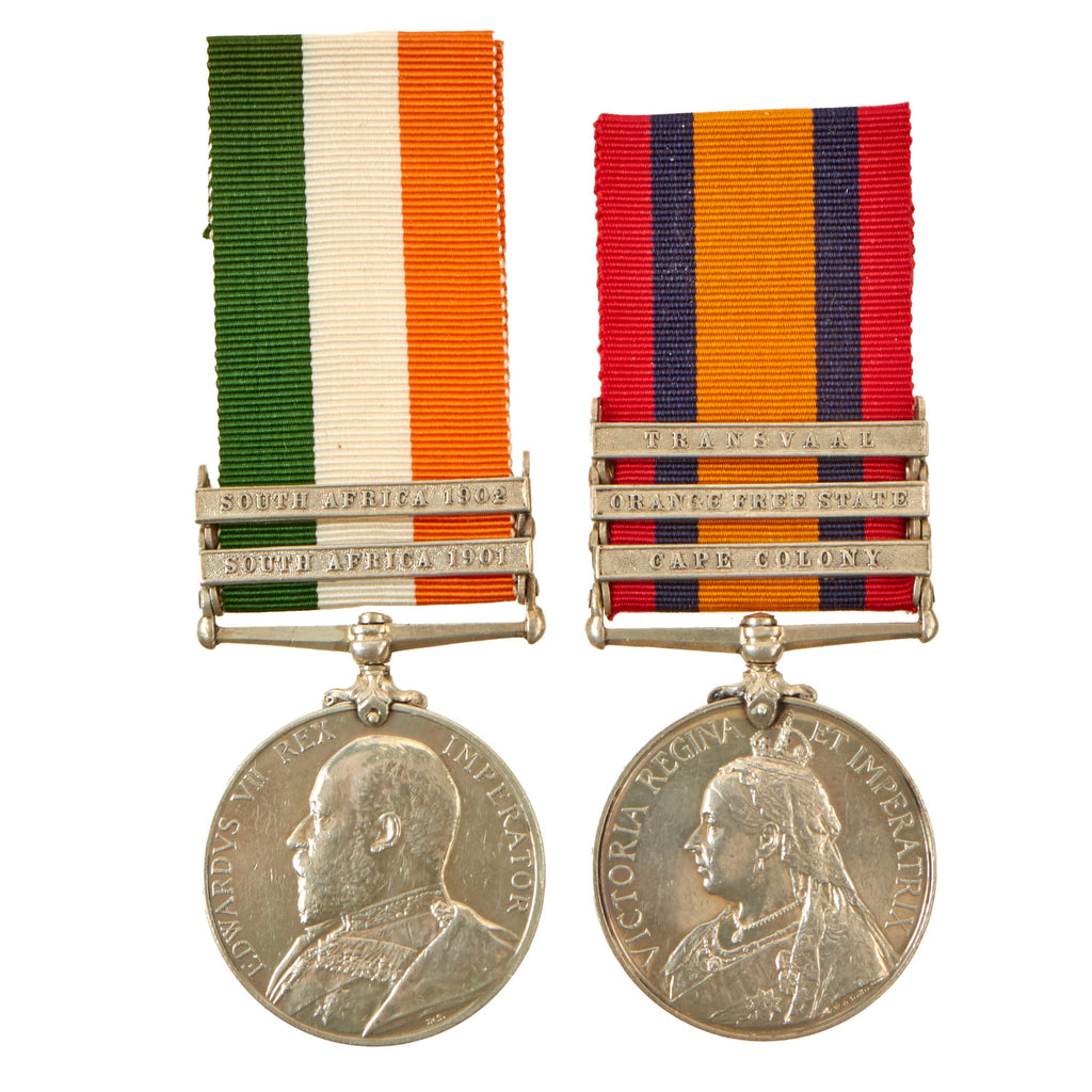 Original British Second Boer War 2nd Dragoons Named Version Three Queen's South Africa Medal With 3 Clasps & King's South Africa Medal with Two Clasps - Private W. Aiken - Killed in Action in 1914 Original Items