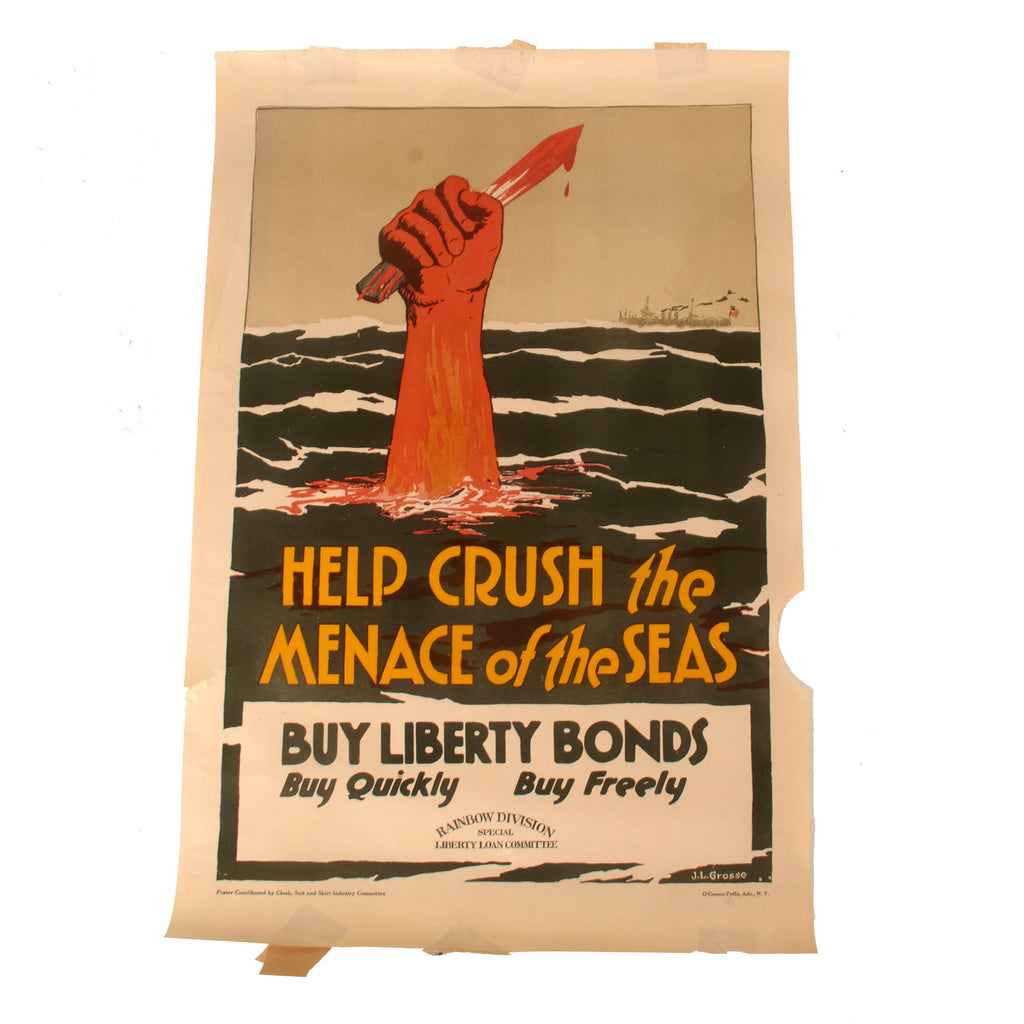 Original U.S. WWI “Help Crush the Menace of the Seas” Rainbow Division Special Liberty Loan Committee Poster with Period Liberty Loan Stickers on Edges - 18¼ x 28” Original Items