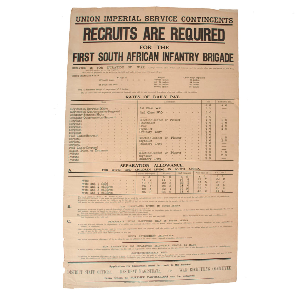 Original South African WWI 1st South African Infantry Brigade Recruitment Poster - Printed at Pretoria - 25 ¼ x 40” Original Items