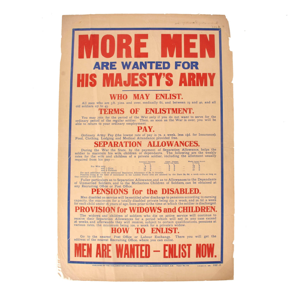 Original British WWI Parliamentary Recruiting Committee Poster “More Men Are Wanted For His Majesty’s Army” - 32” x 21 ½” Original Items