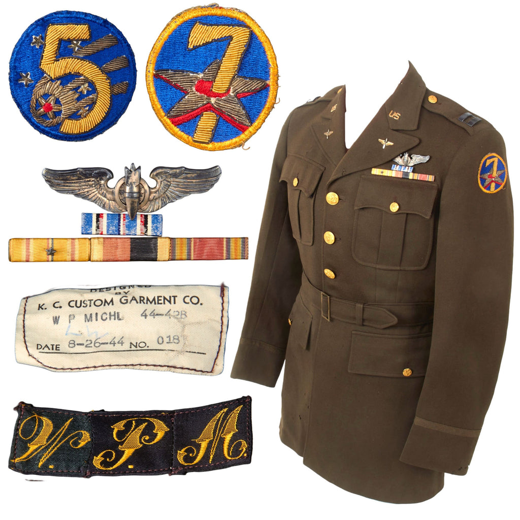 Original U.S. WWII AAF Named Bombardier Captain’s Uniform with Theater-Made Bullion 5th & 7th Air Force Patches - W.P. Michl Original Items